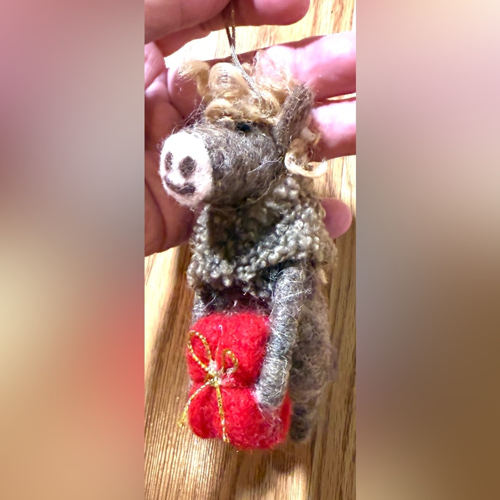 Handmade felt Horse Christmas tree ornament with a red gift
